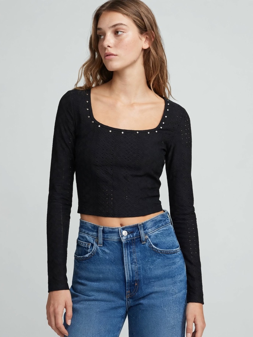 Hollister Black Long-Sleeve Eyelet Scoop Neck Top with Stud Trim